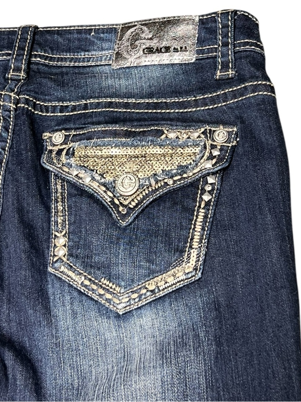 Grace in LA dark wash sequins and embroidered skinny jeans boho - Picture 6 of 10